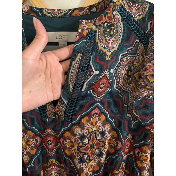 Loft Dress Women's Small Petite Tapestry Ruffle V Neck Midi Bohemian - Picture 10 of 11